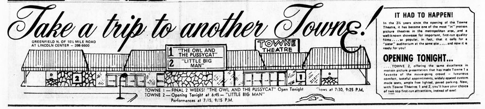 Towne Theatres 4 - 1971 TOWNE TWIN AD (newer photo)